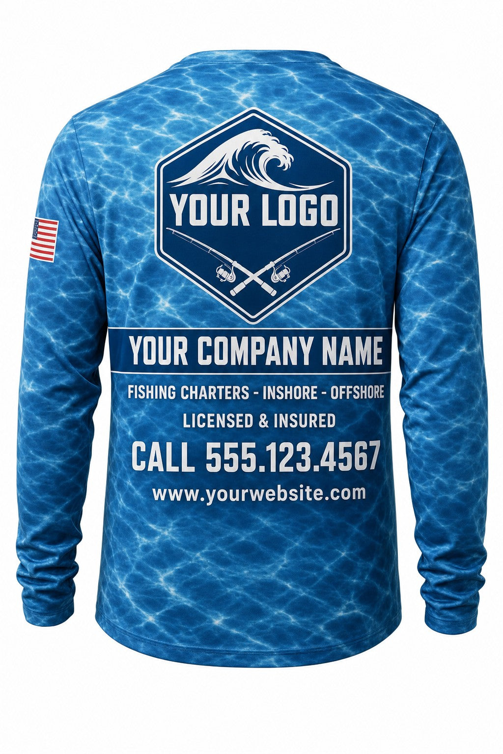 Open Water Camo Custom Hunting Team Uniform - back view, custom company logo all-over-print uniform