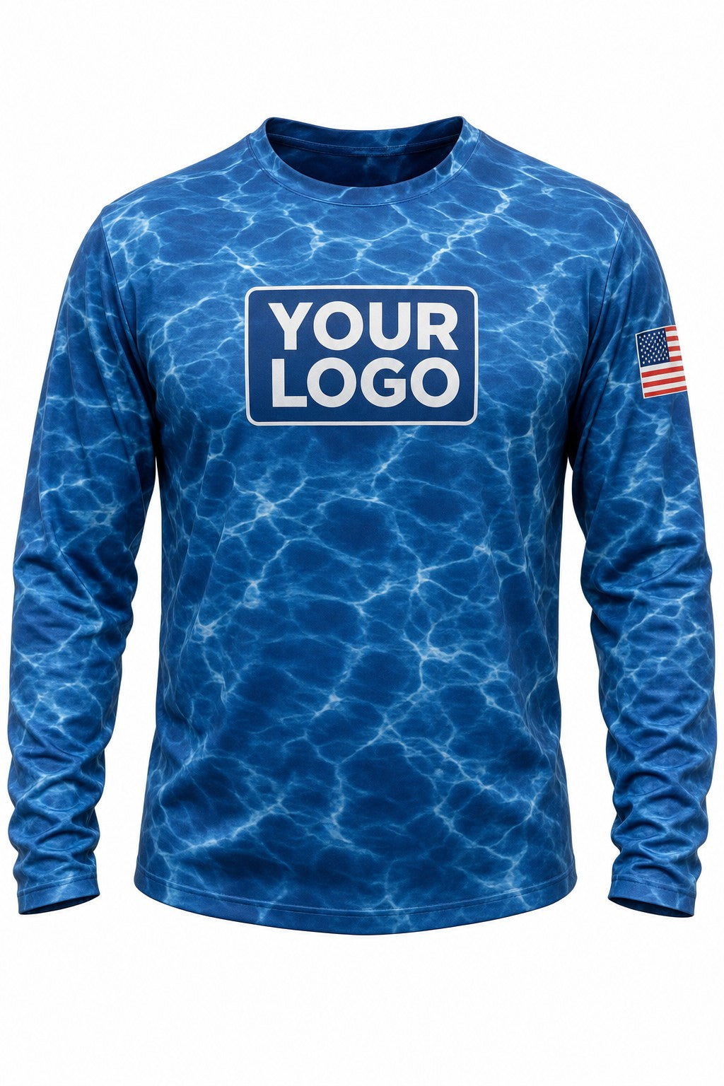 Open Water Camo Custom Hunting Team Uniform - front view, custom company logo all-over-print uniform
