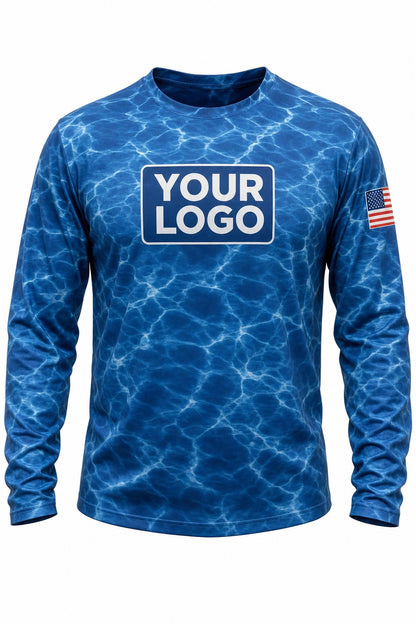 Open Water Camo Custom Hunting Team Uniform - front view, custom company logo all-over-print uniform