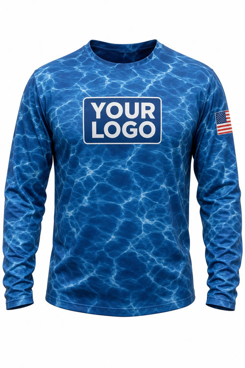 Open Water Camo Custom Hunting Team Uniform - front view, custom company logo all-over-print uniform