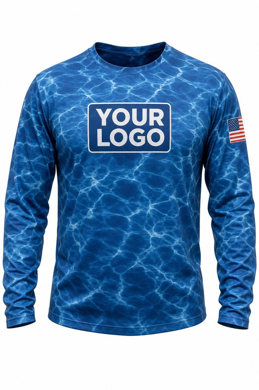Open Water Camo Custom Hunting Team Uniform - front view, custom company logo all-over-print uniform
