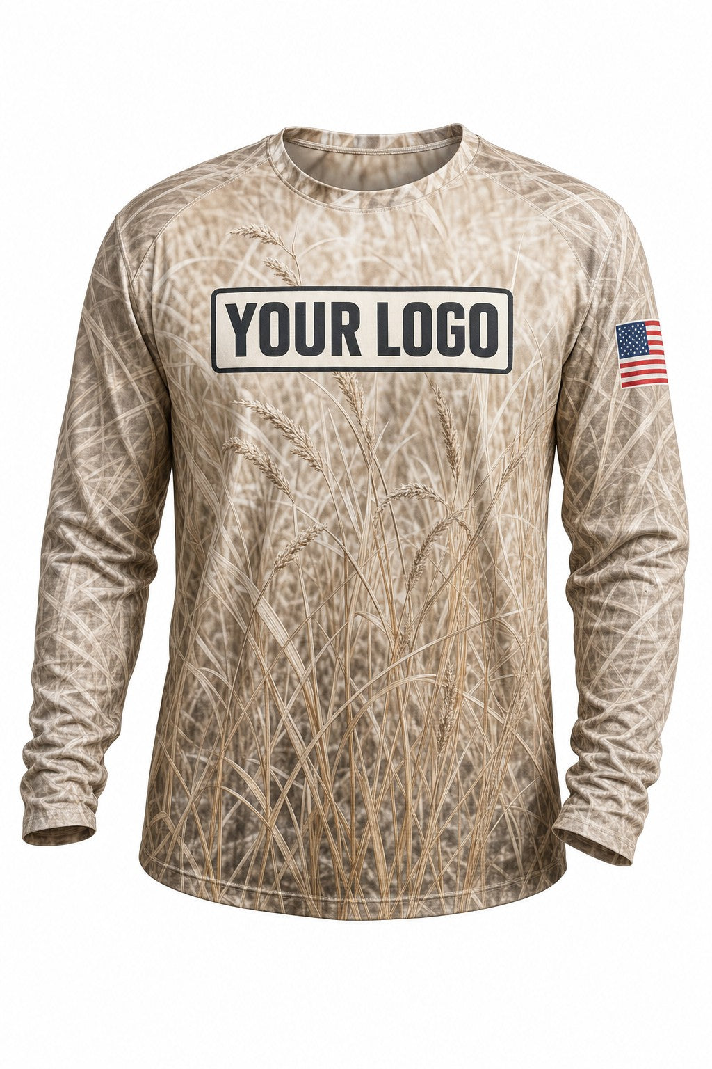 Prairie Tan Camo Custom Hunting Team Uniform - front view, custom company logo all-over-print uniform
