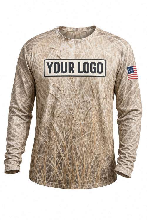 Prairie Tan Camo Custom Hunting Team Uniform - front view, custom company logo all-over-print uniform