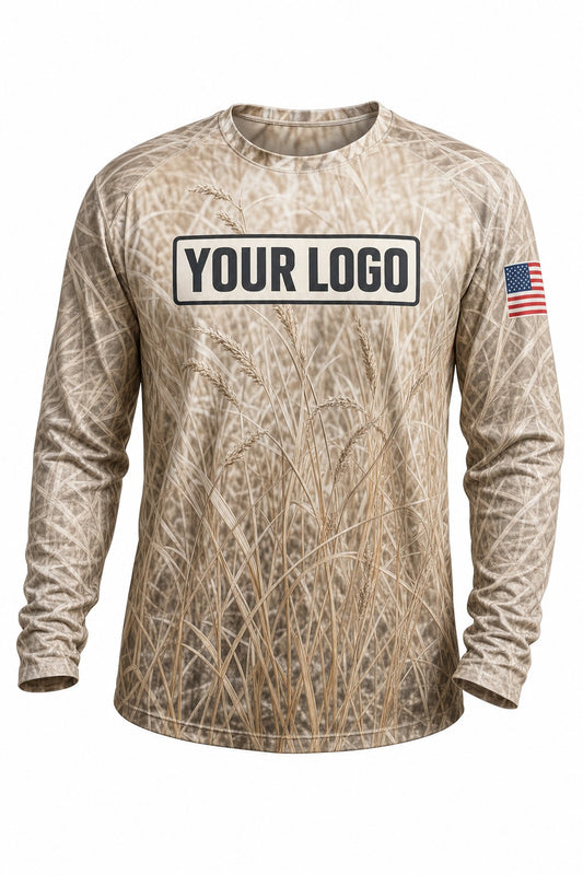 Prairie Tan Camo Custom Hunting Team Uniform - front view, custom company logo all-over-print uniform