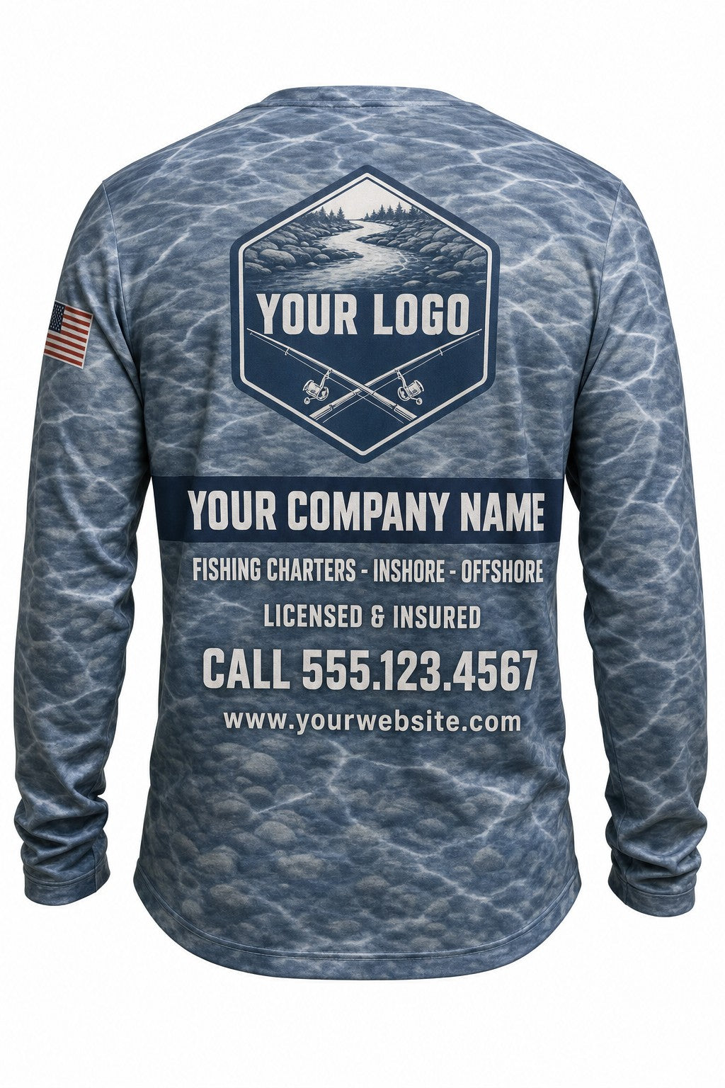 River Slate Camo Custom Hunting Team Uniform - back view, custom company logo all-over-print uniform