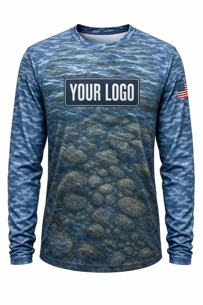 River Slate Camo Custom Hunting Team Uniform - front view, custom company logo all-over-print uniform