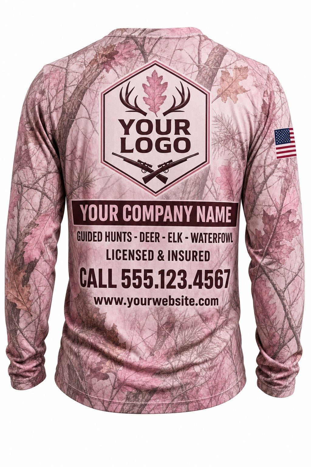 Rose Woodland Camo Custom Hunting Team Uniform - back view, custom company logo all-over-print uniform