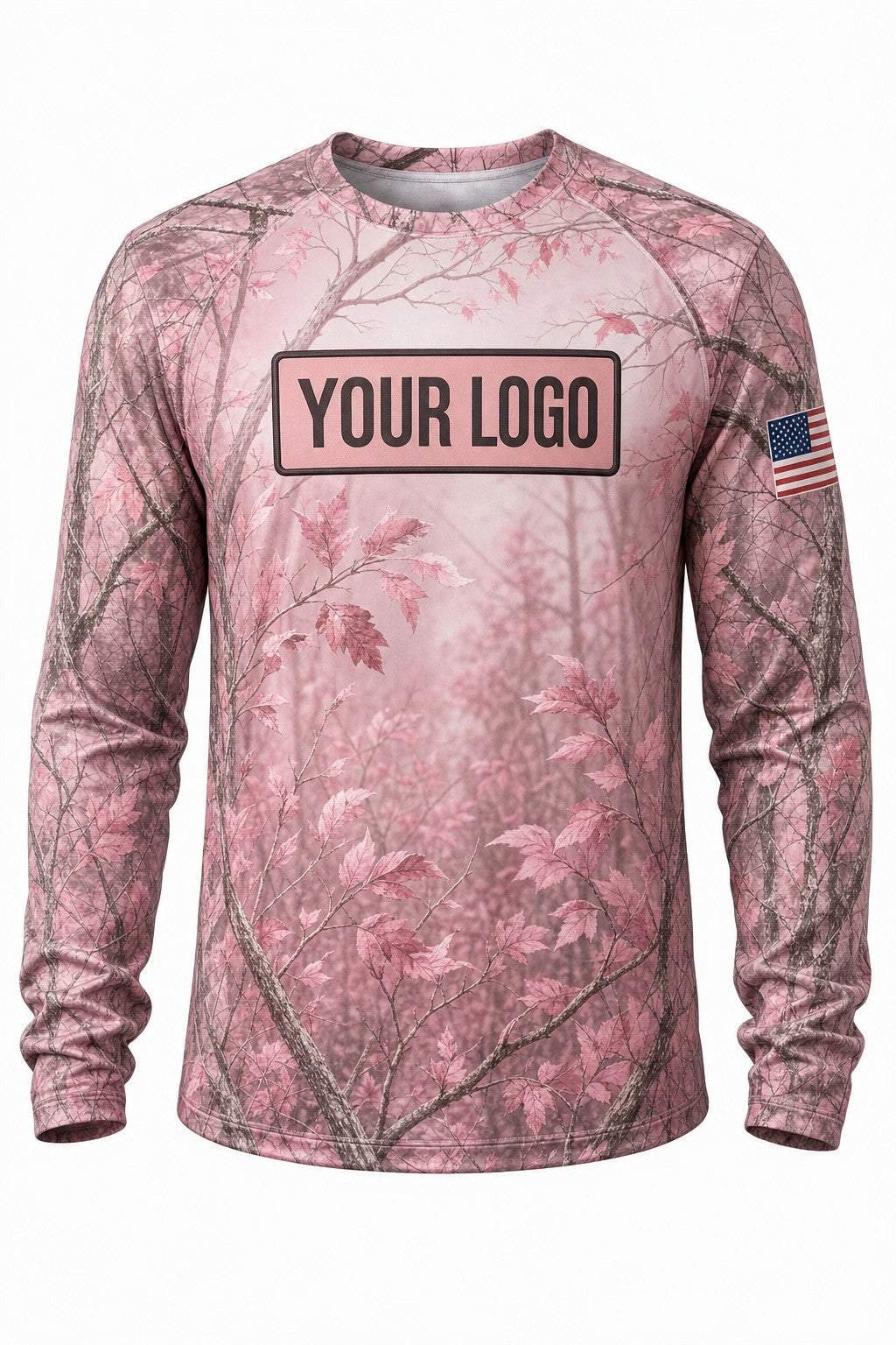 Rose Woodland Camo Custom Hunting Team Uniform - front view, custom company logo all-over-print uniform