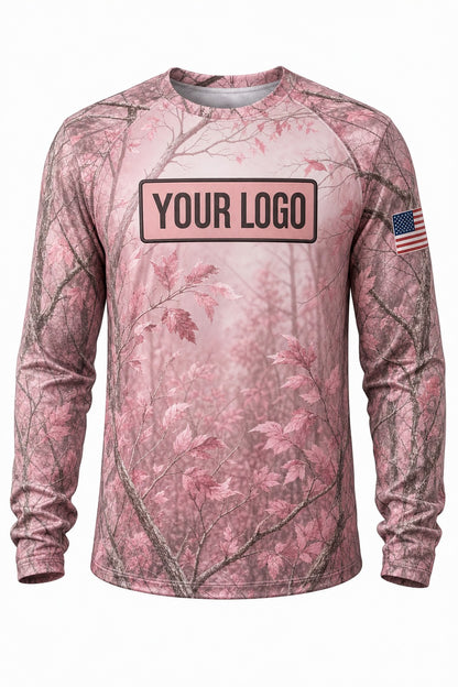 Rose Woodland Camo Custom Hunting Team Uniform - front view, custom company logo all-over-print uniform