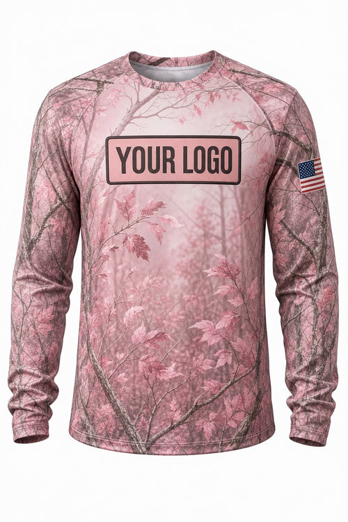 Rose Woodland Camo Custom Hunting Team Uniform - front view, custom company logo all-over-print uniform