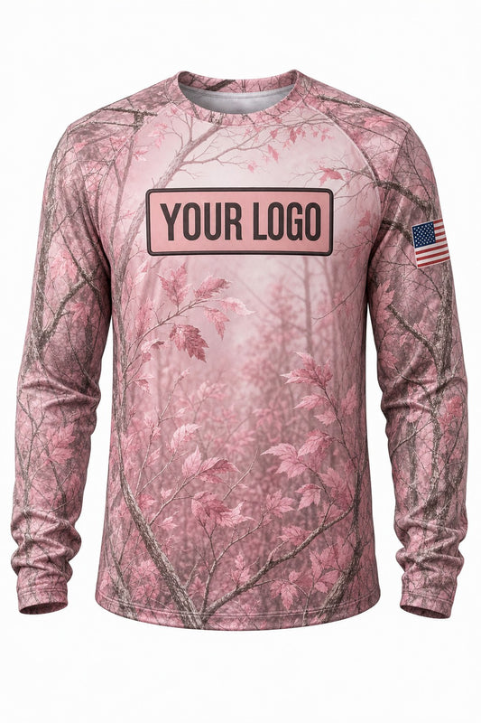 Rose Woodland Camo Custom Hunting Team Uniform - front view, custom company logo all-over-print uniform