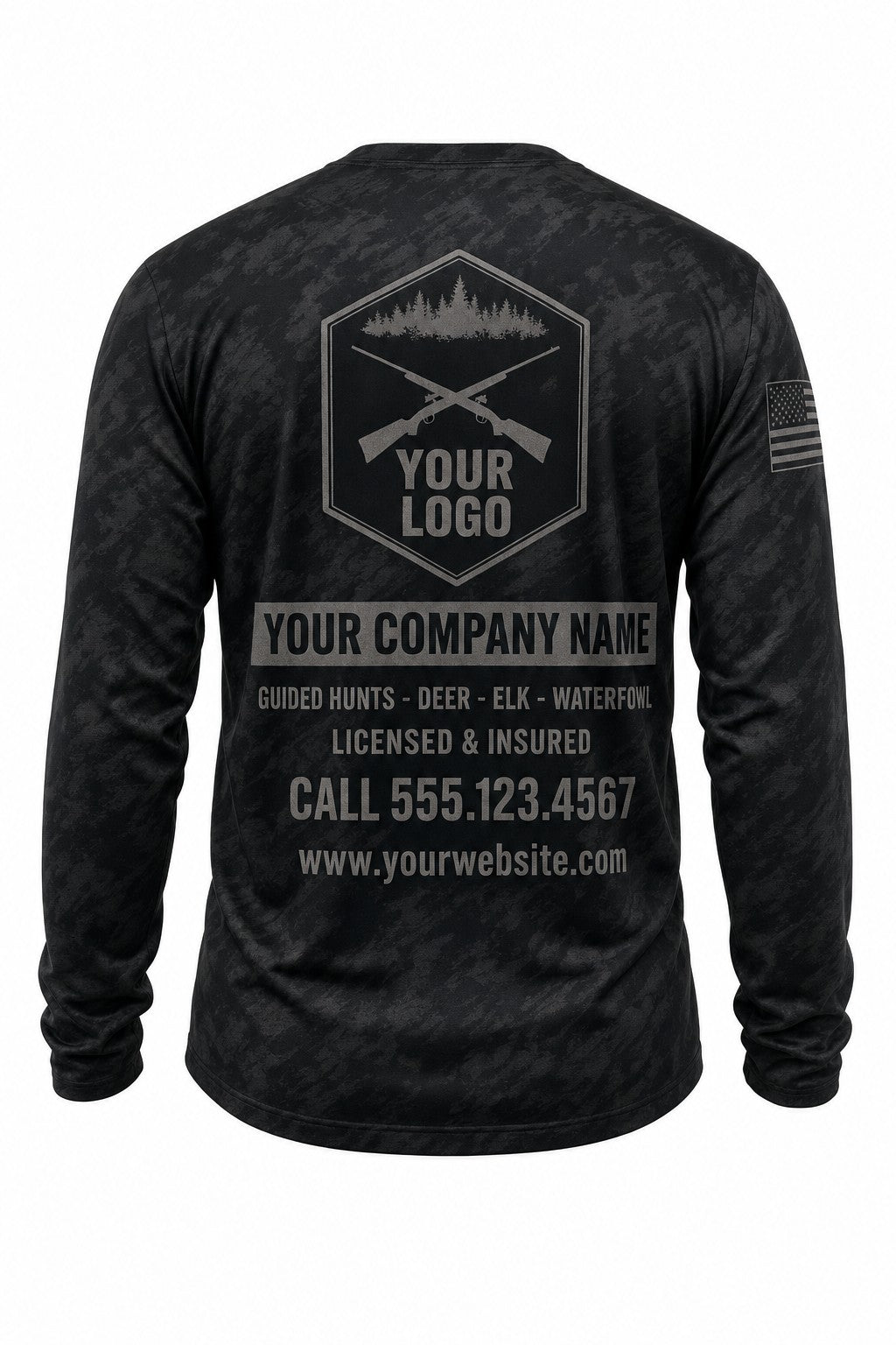 Shadow Brush Camo Custom Hunting Team Uniform - back view, custom company logo all-over-print uniform
