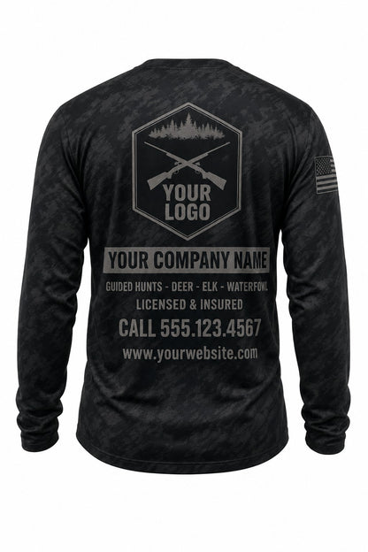 Shadow Brush Camo Custom Hunting Team Uniform - back view, custom company logo all-over-print uniform