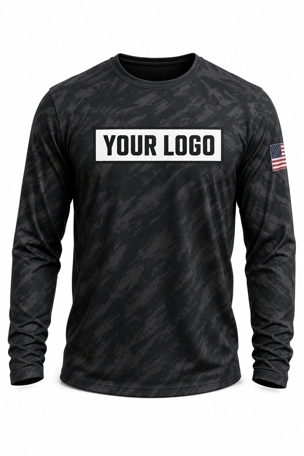 Shadow Brush Camo Custom Hunting Team Uniform - front view, custom company logo all-over-print uniform