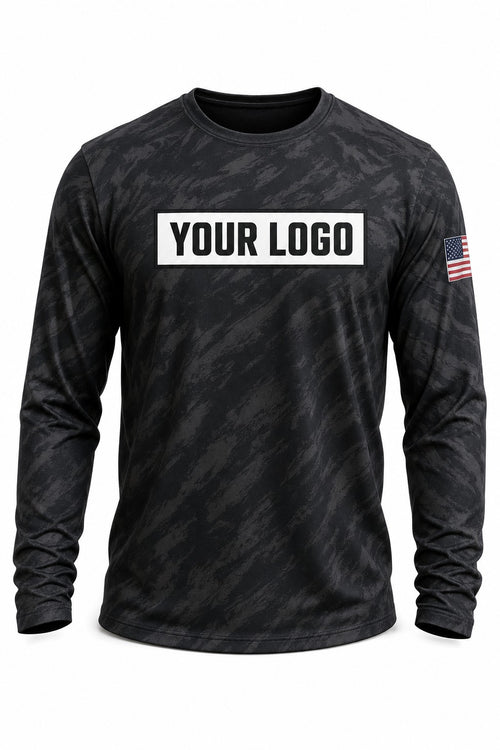 Shadow Brush Camo Custom Hunting Team Uniform - front view, custom company logo all-over-print uniform