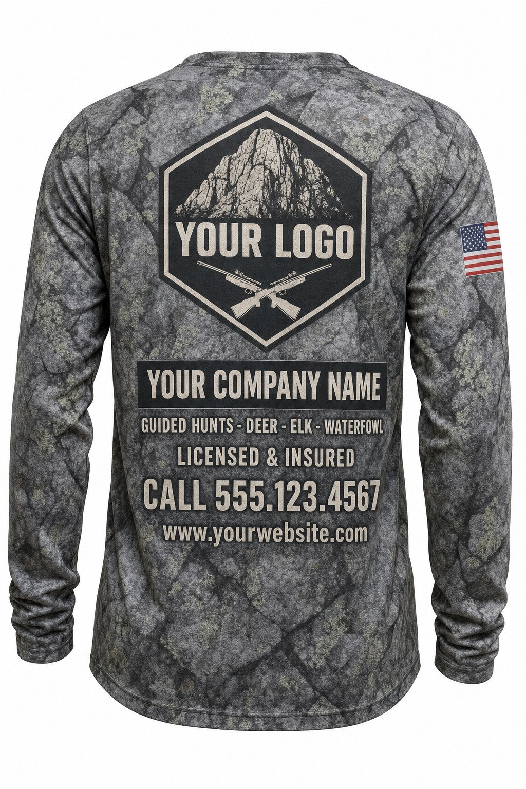 Slate Rock Camo Custom Hunting Team Uniform - back view, custom company logo all-over-print uniform