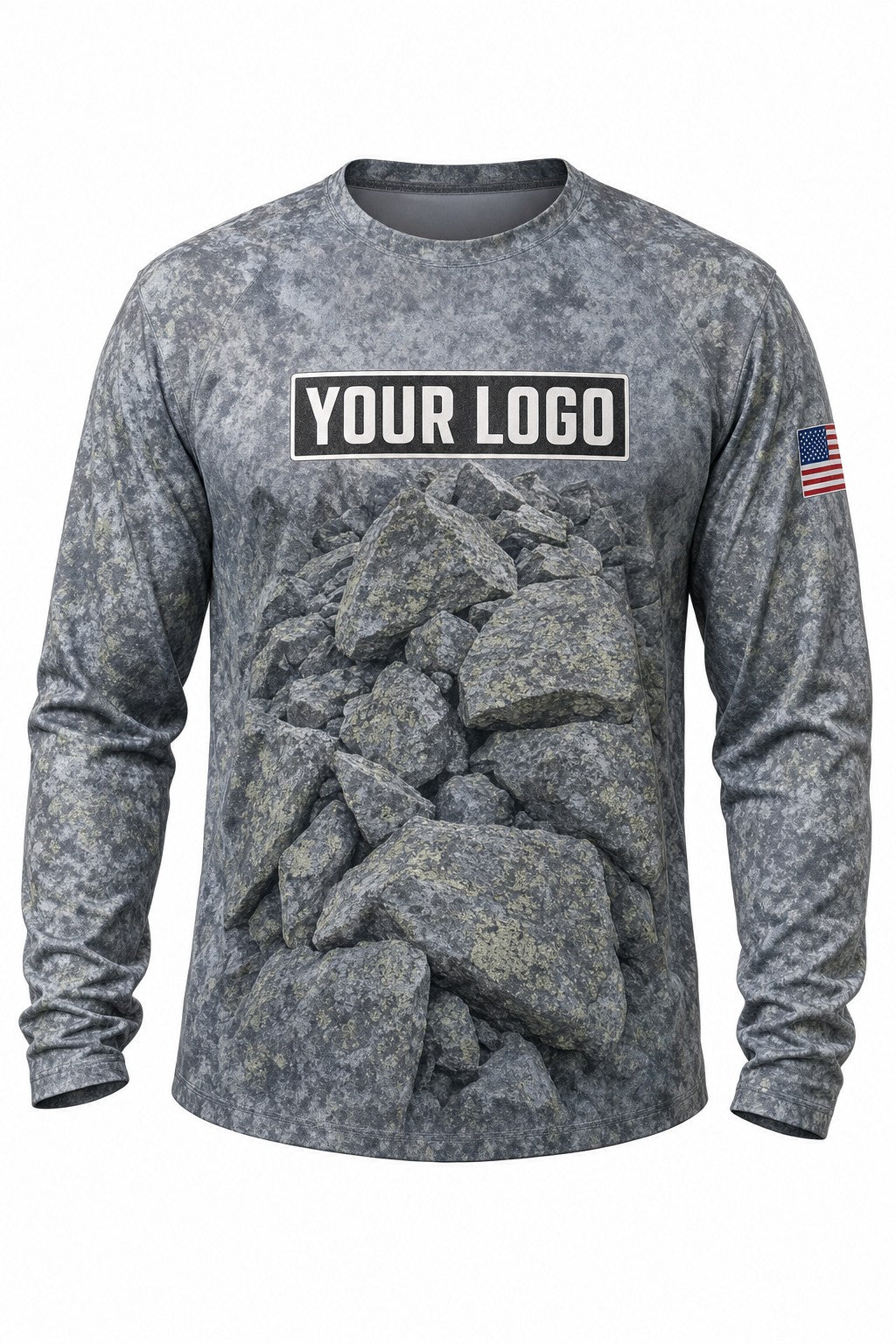 Slate Rock Camo Custom Hunting Team Uniform - front view, custom company logo all-over-print uniform