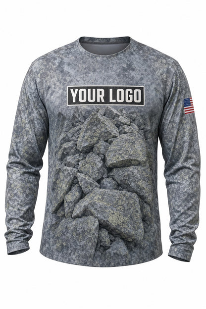 Slate Rock Camo Custom Hunting Team Uniform - front view, custom company logo all-over-print uniform