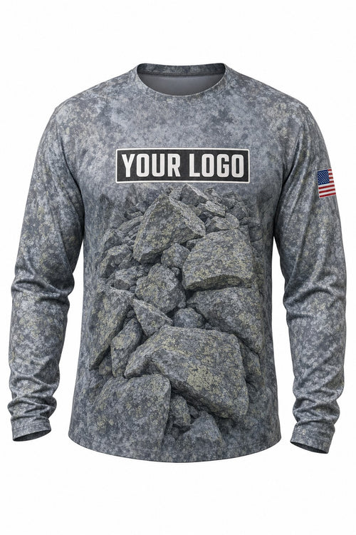 Slate Rock Camo Custom Hunting Team Uniform - front view, custom company logo all-over-print uniform