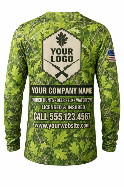 Spring Leaf Camo Custom Hunting Team Uniform - back view, custom company logo all-over-print uniform
