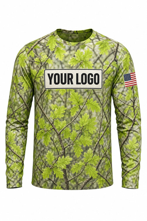 Spring Leaf Camo Custom Hunting Team Uniform - front view, custom company logo all-over-print uniform