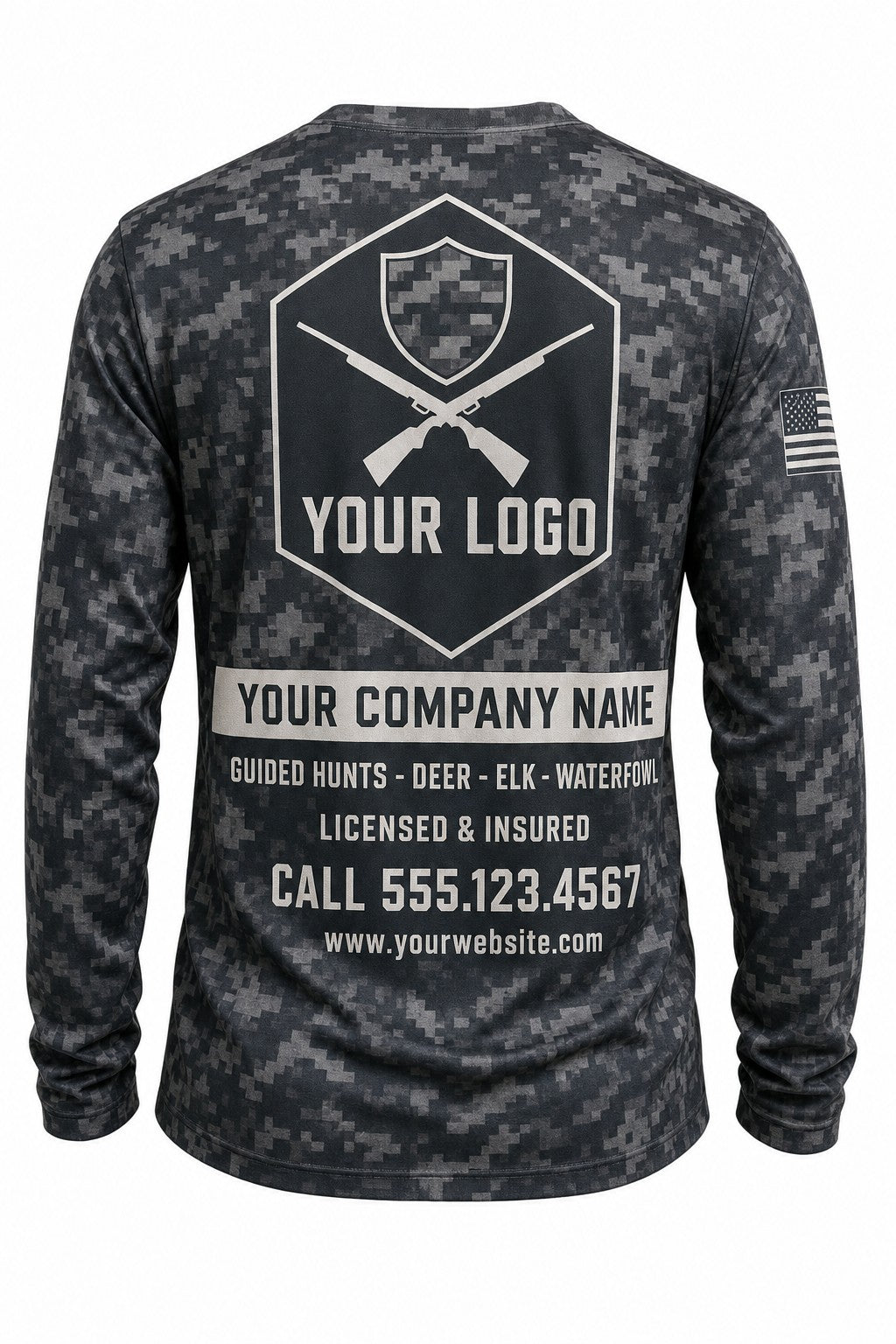 Storm Digital Camo Custom Hunting Team Uniform - back view, custom company logo all-over-print uniform