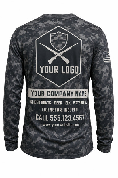 Storm Digital Camo Custom Hunting Team Uniform - back view, custom company logo all-over-print uniform