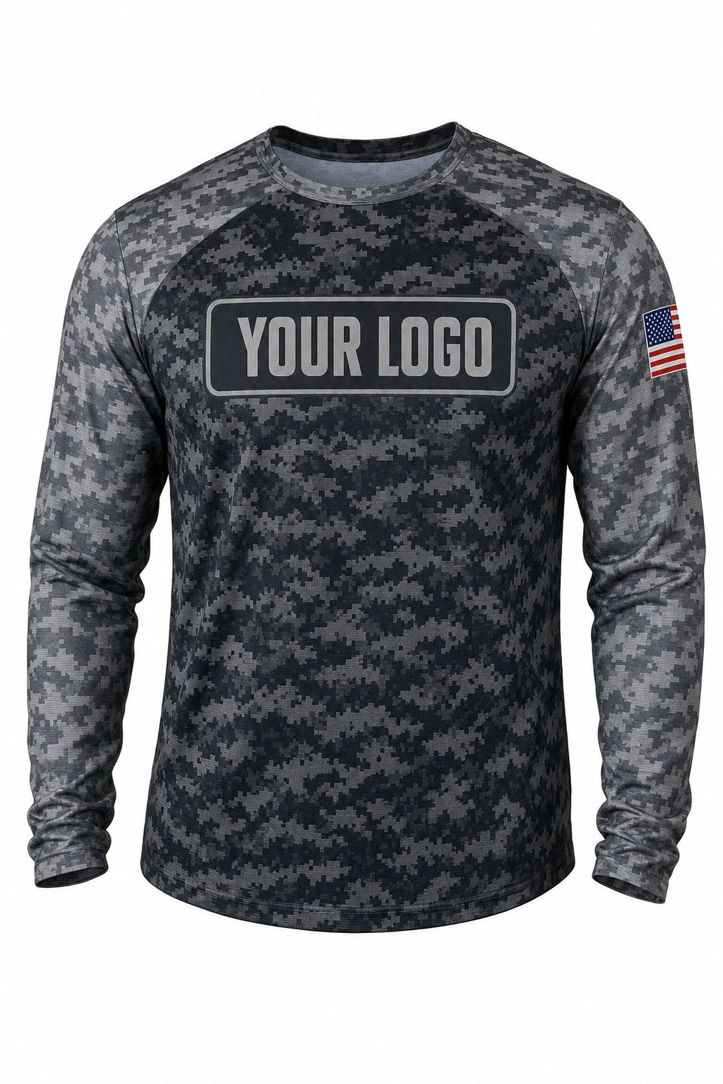 Storm Digital Camo Custom Hunting Team Uniform - front view, custom company logo all-over-print uniform