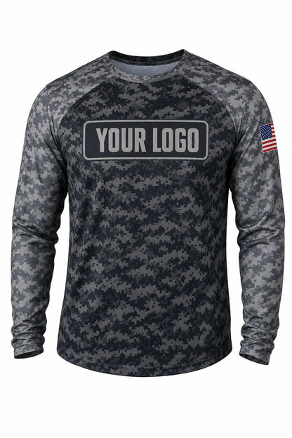 Storm Digital Camo Custom Hunting Team Uniform - front view, custom company logo all-over-print uniform