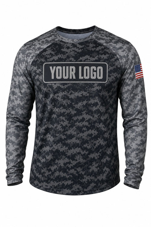 Storm Digital Camo Custom Hunting Team Uniform - front view, custom company logo all-over-print uniform
