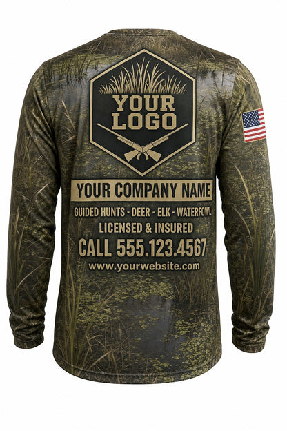 Swamp Olive Camo Custom Hunting Team Uniform - back view, custom company logo all-over-print uniform