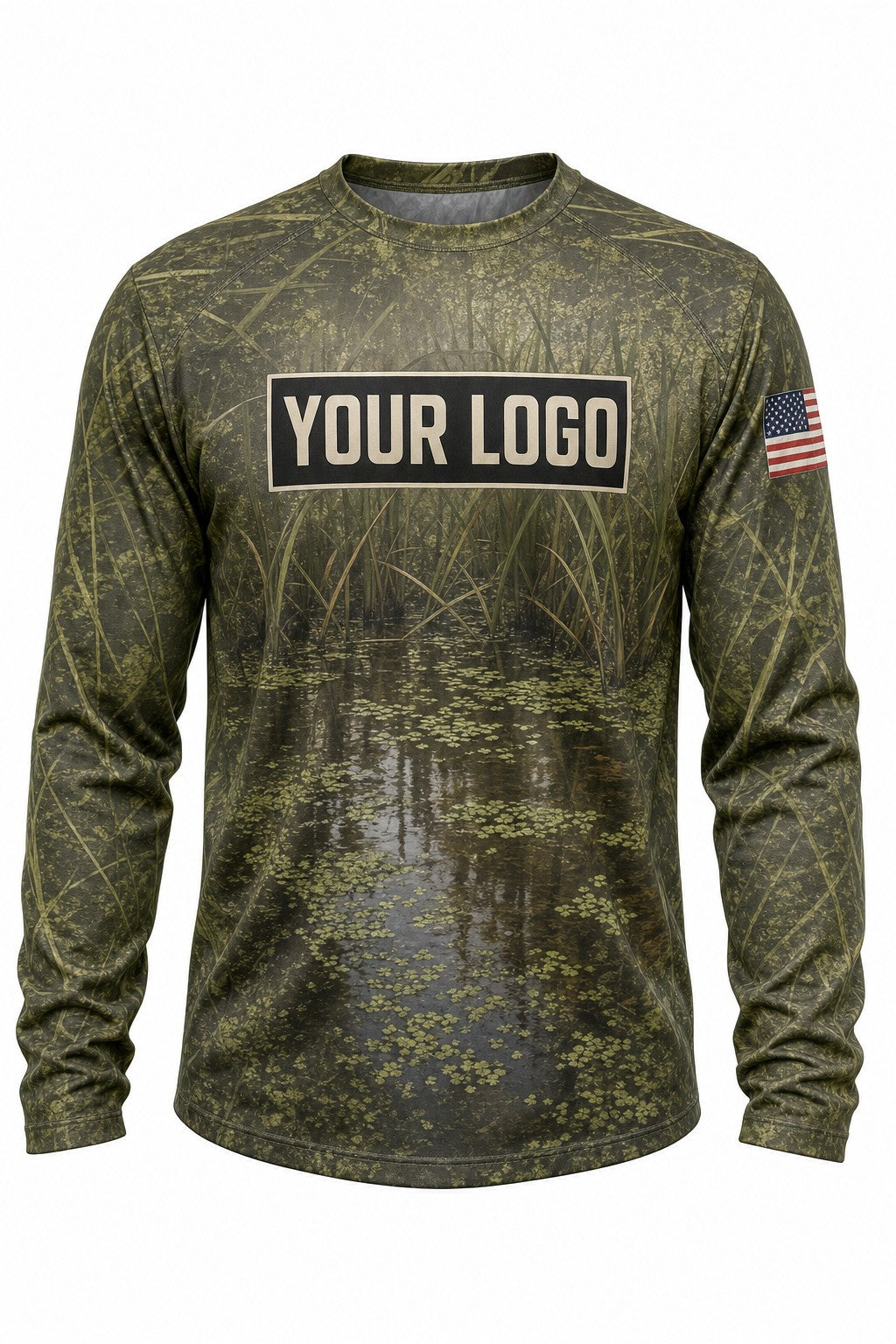 Swamp Olive Camo Custom Hunting Team Uniform - front view, custom company logo all-over-print uniform