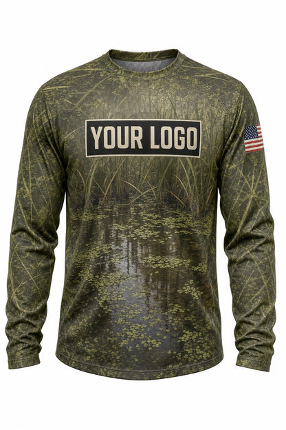 Swamp Olive Camo Custom Hunting Team Uniform - front view, custom company logo all-over-print uniform