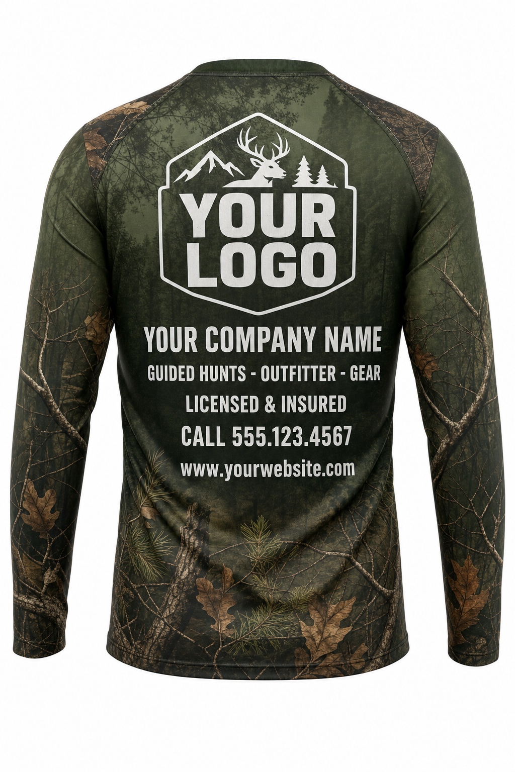 Camo Woodland Classic Hunting Guide Crew Uniform - custom company logo all-over-print uniform