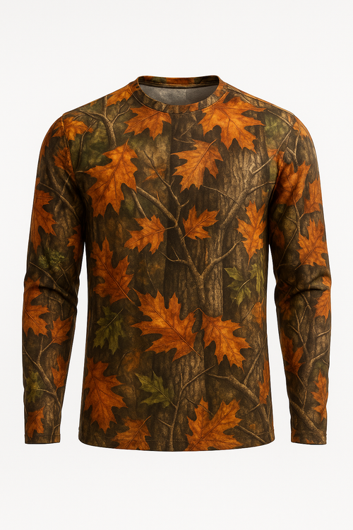Autumn Leaf Woodland Camo all over print long sleeve hunting shirt