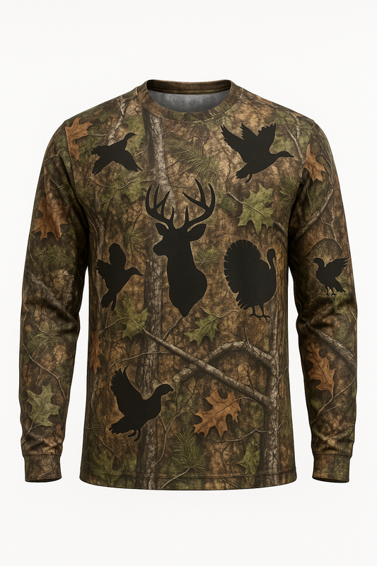 Big Game Silhouette Camo all over print long sleeve hunting shirt
