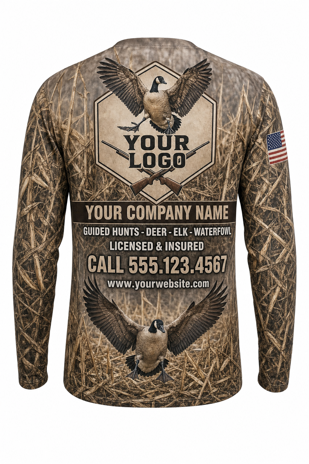 Canada Goose Custom Hunting Team Uniform - back view, custom company logo all-over-print uniform