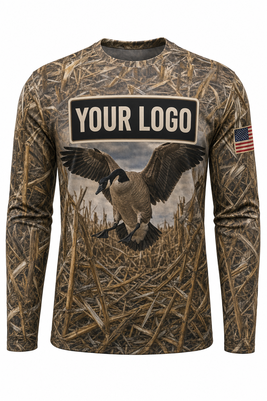 Canada Goose Custom Hunting Team Uniform - front view, custom company logo all-over-print uniform