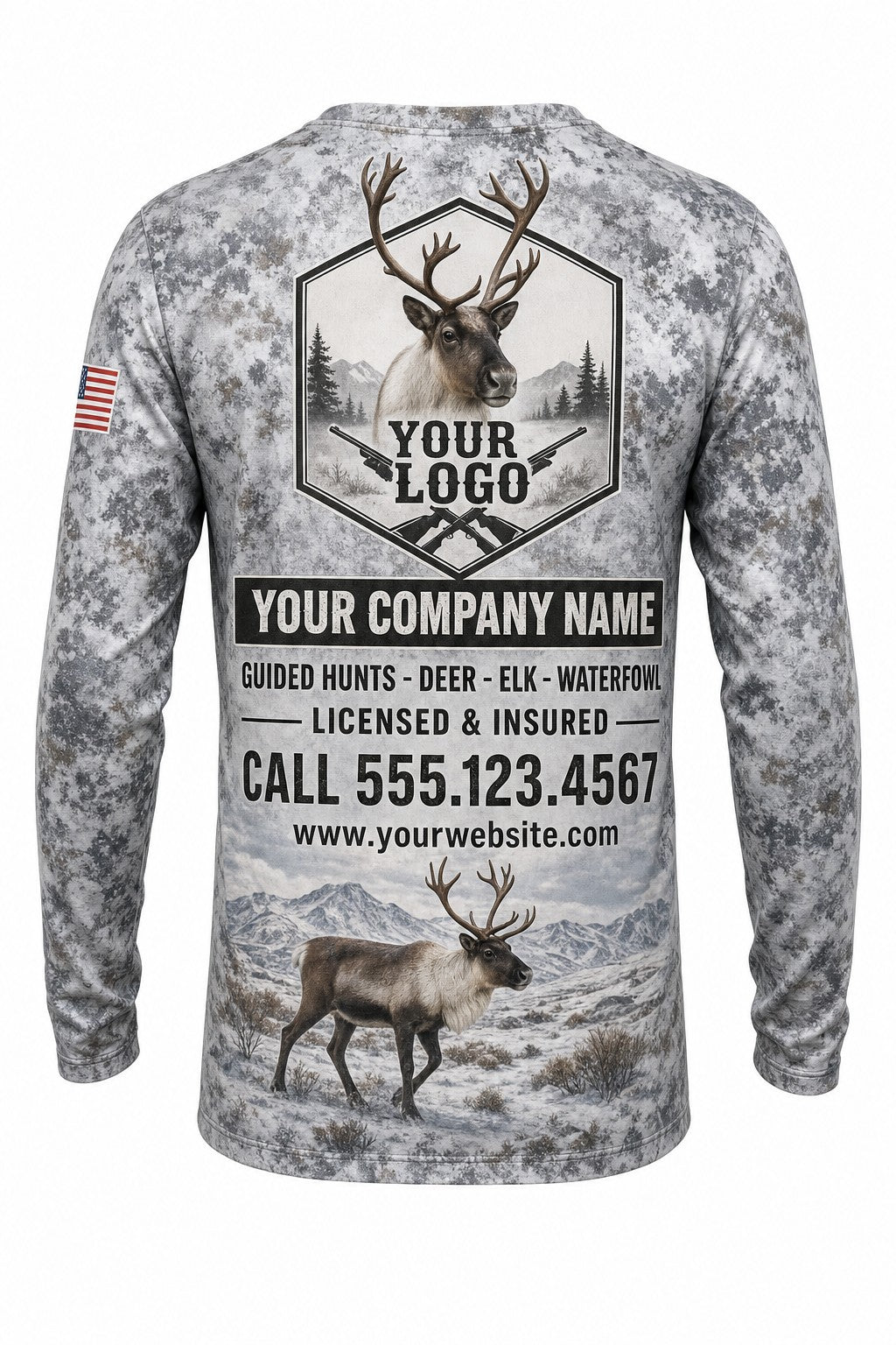 Caribou Tundra Custom Hunting Team Uniform - back view, custom company logo all-over-print uniform