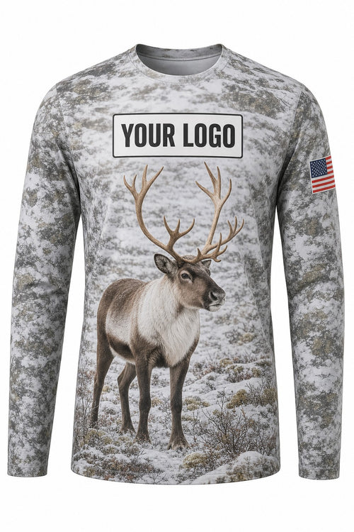 Caribou Tundra Custom Hunting Team Uniform - front view, custom company logo all-over-print uniform
