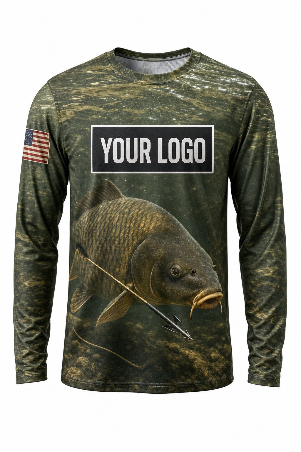 Carp Bowfishing Custom Fishing Team Uniform - front view, custom company logo all-over-print uniform