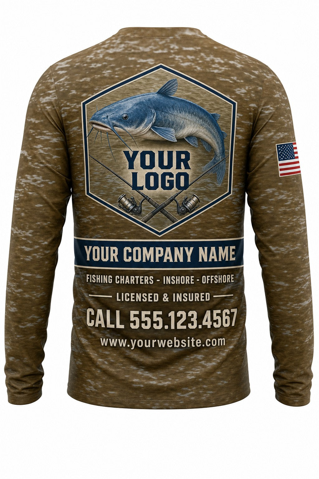 Blue Catfish Custom Fishing Team Uniform - back view, custom company logo all-over-print uniform