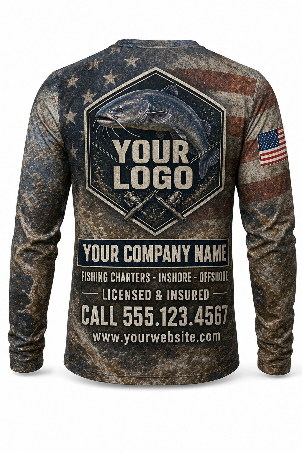 Catfish Flag Custom Fishing Team Uniform - back view, custom company logo all-over-print uniform