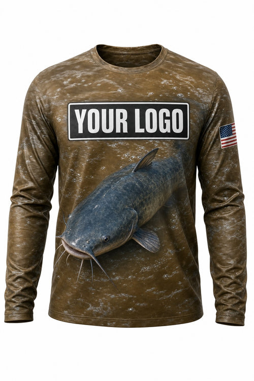 Blue Catfish Custom Fishing Team Uniform - front view, custom company logo all-over-print uniform