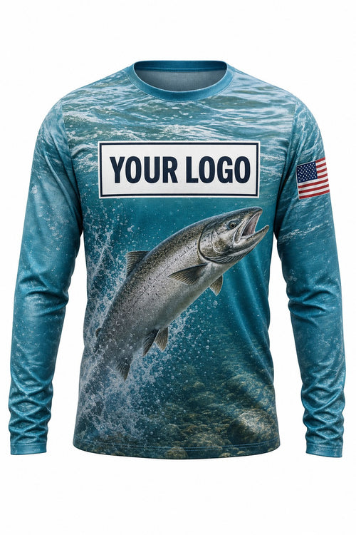 Chinook Salmon Custom Fishing Team Uniform - front view, custom company logo all-over-print uniform