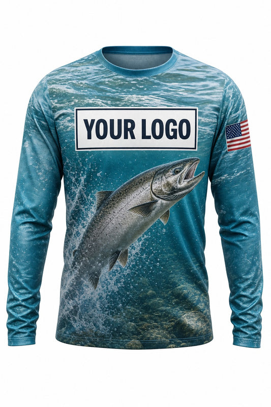 Chinook Salmon Custom Fishing Team Uniform - front view, custom company logo all-over-print uniform