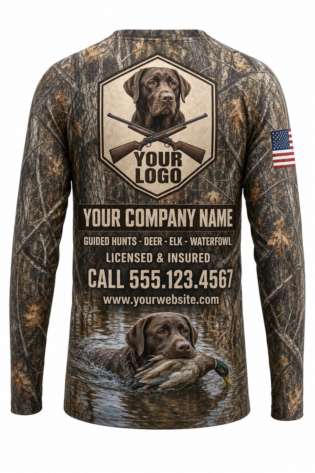 Chocolate Lab Retriever Custom Hunting Team Uniform - back view, custom company logo all-over-print uniform
