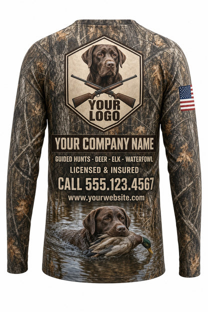 Chocolate Lab Retriever Custom Hunting Team Uniform - back view, custom company logo all-over-print uniform