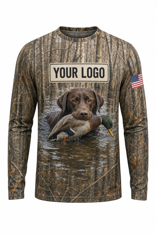 Chocolate Lab Retriever Custom Hunting Team Uniform - front view, custom company logo all-over-print uniform