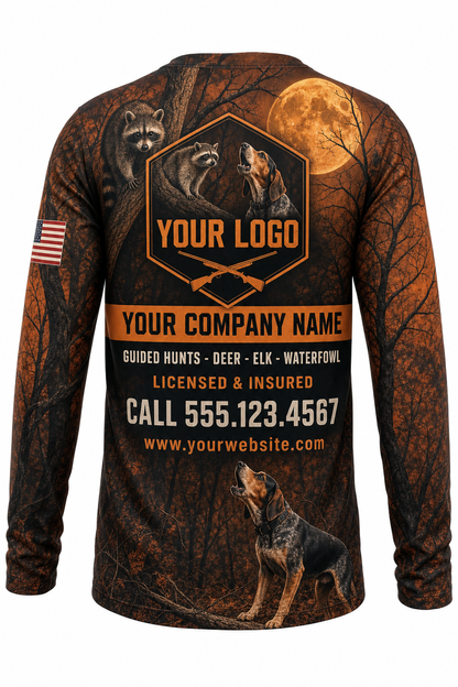 Coonhound Night Hunt Custom Hunting Team Uniform - back view, custom company logo all-over-print uniform
